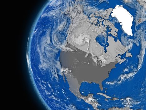 Illustration of north american continent on political globe with atmospheric features and clouds