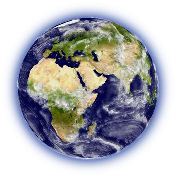 Realistic illustration of planet Earth isolated on white background, facing Africa, Europe and middle east region