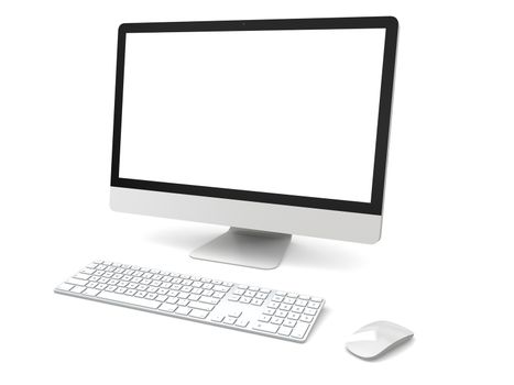 Modern desktop computer with white blank screen isolated on white background