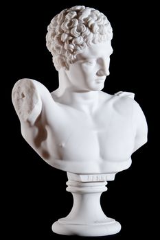 Classic white marble bust, element of statue Hermes and the Infant Dionysus isolated on black background
