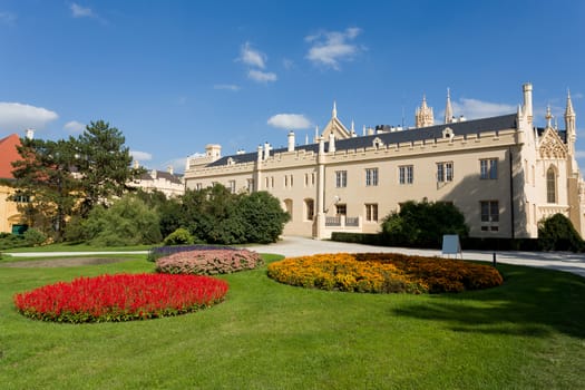 Front View of Lednice Castle at Sunset, UNESCO World Heritage in Lednice, South Moravia, Czech Republic