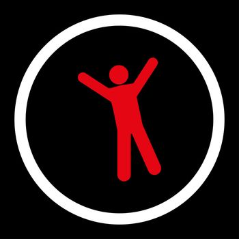 Joy glyph icon. This rounded flat symbol is drawn with red and white colors on a black background.