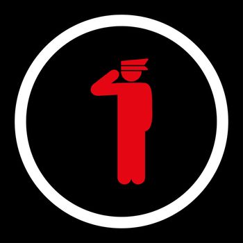 Police officer glyph icon. This rounded flat symbol is drawn with red and white colors on a black background.