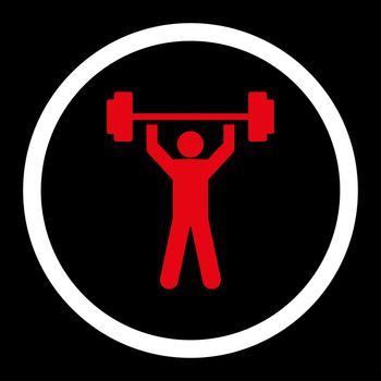 Power lifting glyph icon. This rounded flat symbol is drawn with red and white colors on a black background.