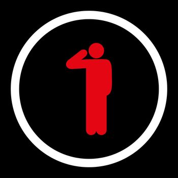 Salute glyph icon. This rounded flat symbol is drawn with red and white colors on a black background.