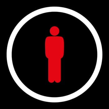 Standing glyph icon. This rounded flat symbol is drawn with red and white colors on a black background.