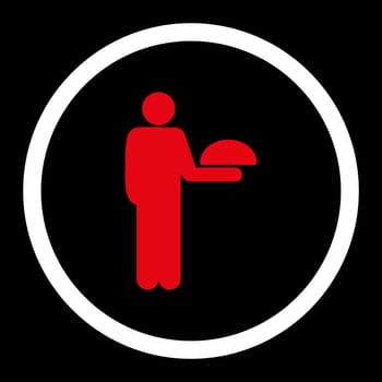 Waiter glyph icon. This rounded flat symbol is drawn with red and white colors on a black background.