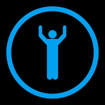 Hands up glyph icon. This rounded flat symbol is drawn with blue color on a black background.
