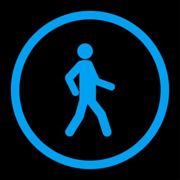 Walking glyph icon. This rounded flat symbol is drawn with blue color on a black background.