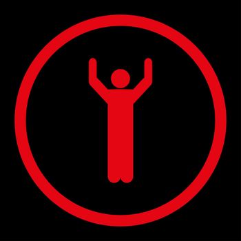 Hands up glyph icon. This rounded flat symbol is drawn with red color on a black background.