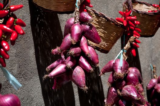 Group of good red onions of Tropea and chilli