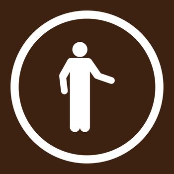 Invitation glyph icon. This rounded flat symbol is drawn with white color on a brown background.