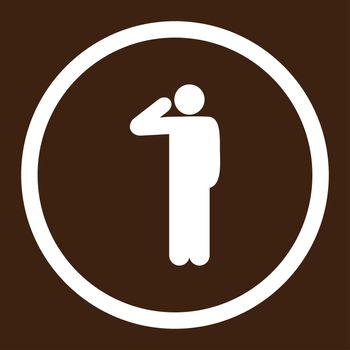Salute glyph icon. This rounded flat symbol is drawn with white color on a brown background.