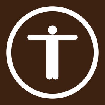 Scarecrow glyph icon. This rounded flat symbol is drawn with white color on a brown background.