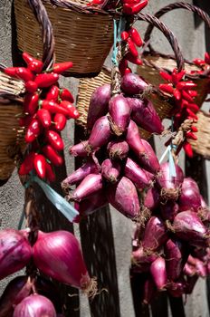 Group of good red onions of Tropea and chilli