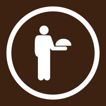 Waiter glyph icon. This rounded flat symbol is drawn with white color on a brown background.