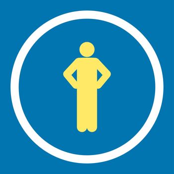 Akimbo glyph icon. This rounded flat symbol is drawn with yellow and white colors on a blue background.