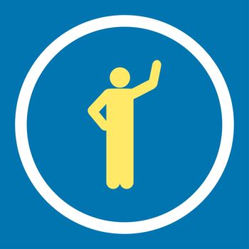 Assurance glyph icon. This rounded flat symbol is drawn with yellow and white colors on a blue background.