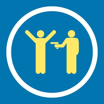 Crime glyph icon. This rounded flat symbol is drawn with yellow and white colors on a blue background.