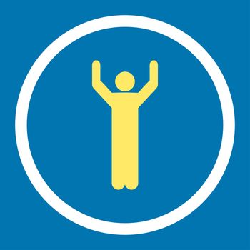 Hands up glyph icon. This rounded flat symbol is drawn with yellow and white colors on a blue background.