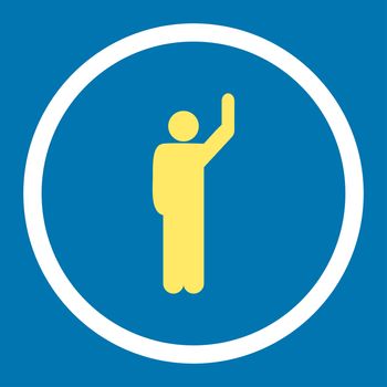 Hitchhike glyph icon. This rounded flat symbol is drawn with yellow and white colors on a blue background.