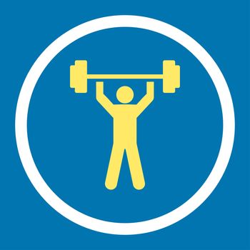 Power lifting glyph icon. This rounded flat symbol is drawn with yellow and white colors on a blue background.