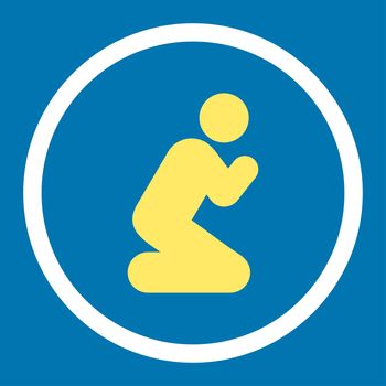 Pray glyph icon. This rounded flat symbol is drawn with yellow and white colors on a blue background.