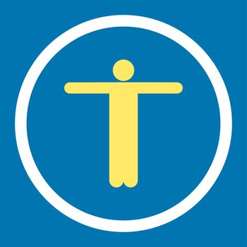 Scarecrow glyph icon. This rounded flat symbol is drawn with yellow and white colors on a blue background.