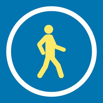 Walking glyph icon. This rounded flat symbol is drawn with yellow and white colors on a blue background.