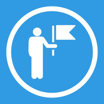 Commander with Flag glyph icon. This rounded flat symbol is drawn with white color on a blue background.