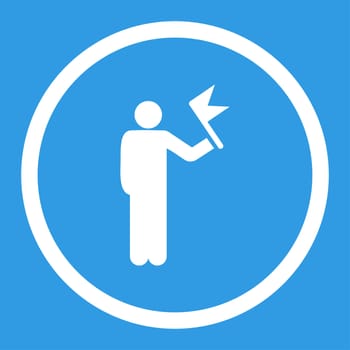 Man with Flag glyph icon. This rounded flat symbol is drawn with white color on a blue background.
