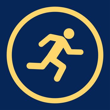 Running man glyph icon. This rounded flat symbol is drawn with yellow color on a blue background.