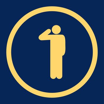 Salute glyph icon. This rounded flat symbol is drawn with yellow color on a blue background.