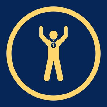 Winner glyph icon. This rounded flat symbol is drawn with yellow color on a blue background.