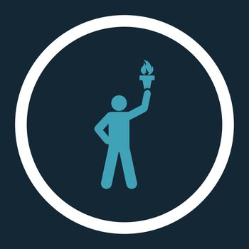 Freedom torch glyph icon. This rounded flat symbol is drawn with blue and white colors on a dark blue background.
