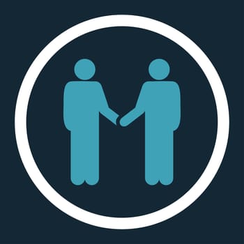 Handshake glyph icon. This rounded flat symbol is drawn with blue and white colors on a dark blue background.