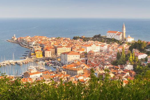 St. George's Parish Church in picturesque old town Piran, Slovenia. Senic panoramic view.