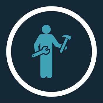 Serviceman glyph icon. This rounded flat symbol is drawn with blue and white colors on a dark blue background.
