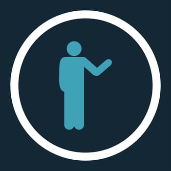 Talking person glyph icon. This rounded flat symbol is drawn with blue and white colors on a dark blue background.