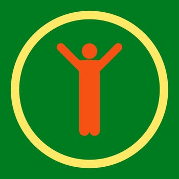 Happy glyph icon. This rounded flat symbol is drawn with orange and yellow colors on a green background.