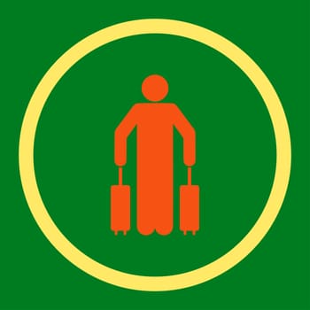 Passenger baggage glyph icon. This rounded flat symbol is drawn with orange and yellow colors on a green background.