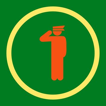 Police officer glyph icon. This rounded flat symbol is drawn with orange and yellow colors on a green background.