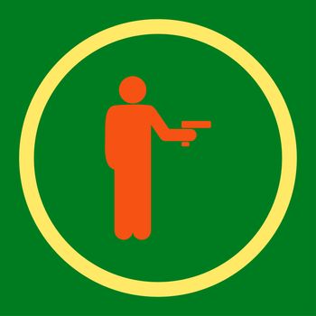 Robbery glyph icon. This rounded flat symbol is drawn with orange and yellow colors on a green background.