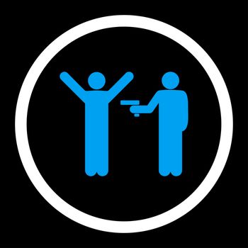 Crime glyph icon. This rounded flat symbol is drawn with blue and white colors on a black background.