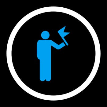 Man with Flag glyph icon. This rounded flat symbol is drawn with blue and white colors on a black background.