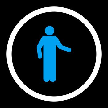 Invitation glyph icon. This rounded flat symbol is drawn with blue and white colors on a black background.