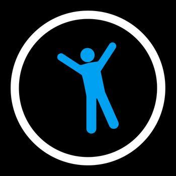 Joy glyph icon. This rounded flat symbol is drawn with blue and white colors on a black background.
