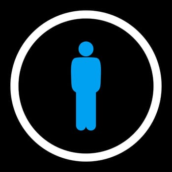Standing glyph icon. This rounded flat symbol is drawn with blue and white colors on a black background.