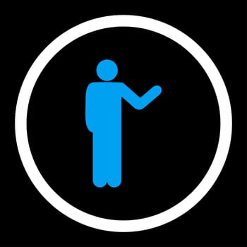 Talking person glyph icon. This rounded flat symbol is drawn with blue and white colors on a black background.