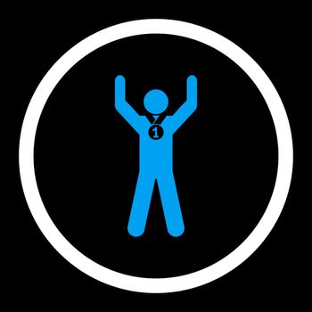 Winner glyph icon. This rounded flat symbol is drawn with blue and white colors on a black background.